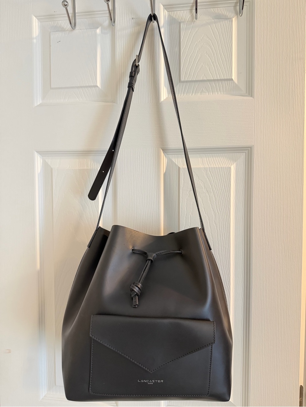 Lancaster Black Leather Drawstring Bucket Bag